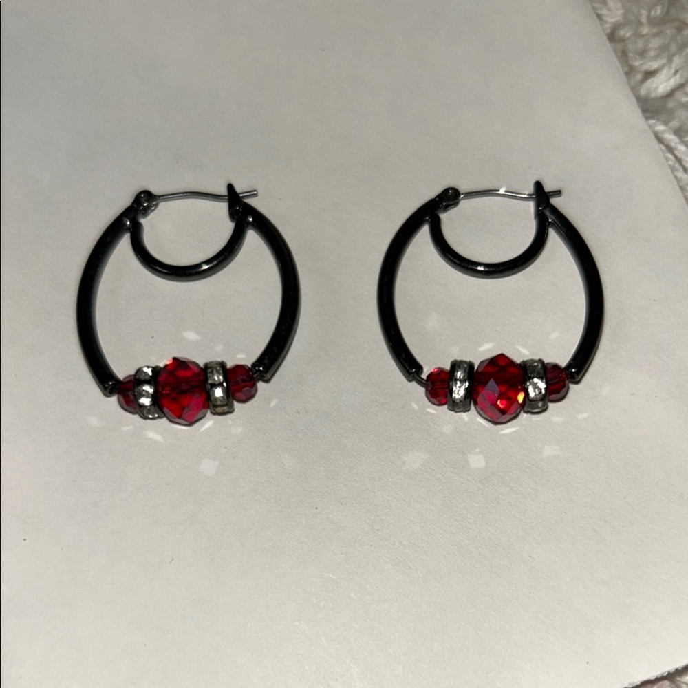 Vintage Modern Black and Red Hoop Earrings with Metallic Accents